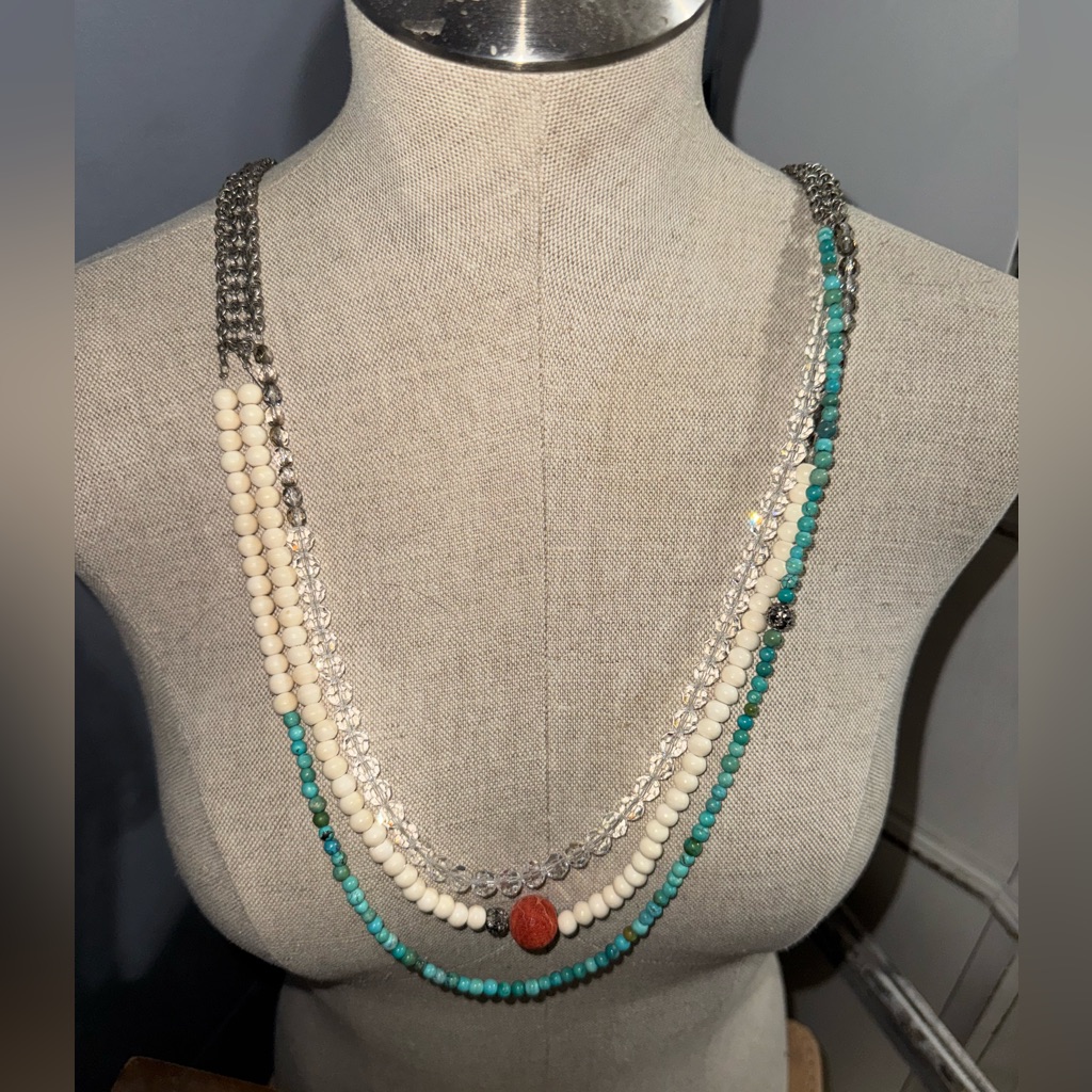 Lee Angel Vintage Mesh Silver And Stone Necklace Turquoise Coral Multi Strand